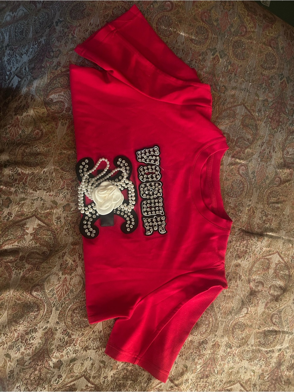 Women's Red Embellished Sweatshirt with Pearl Flower
